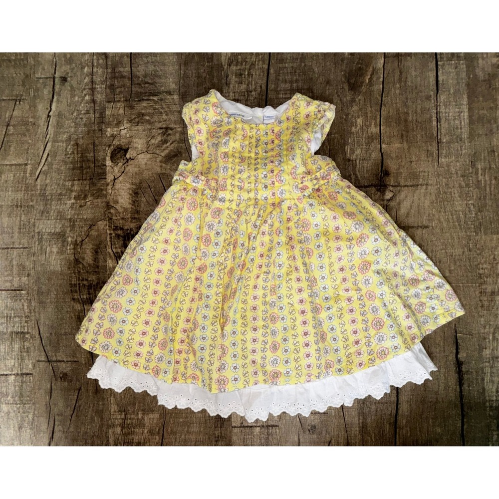 Greendog Yellow Floral Butterfly Cotton Dress Eyelet Lace Trim Baby Girl 12M